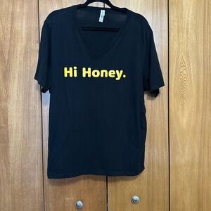 Black V-Neck Tee with Yellow "Hi Honey." Text